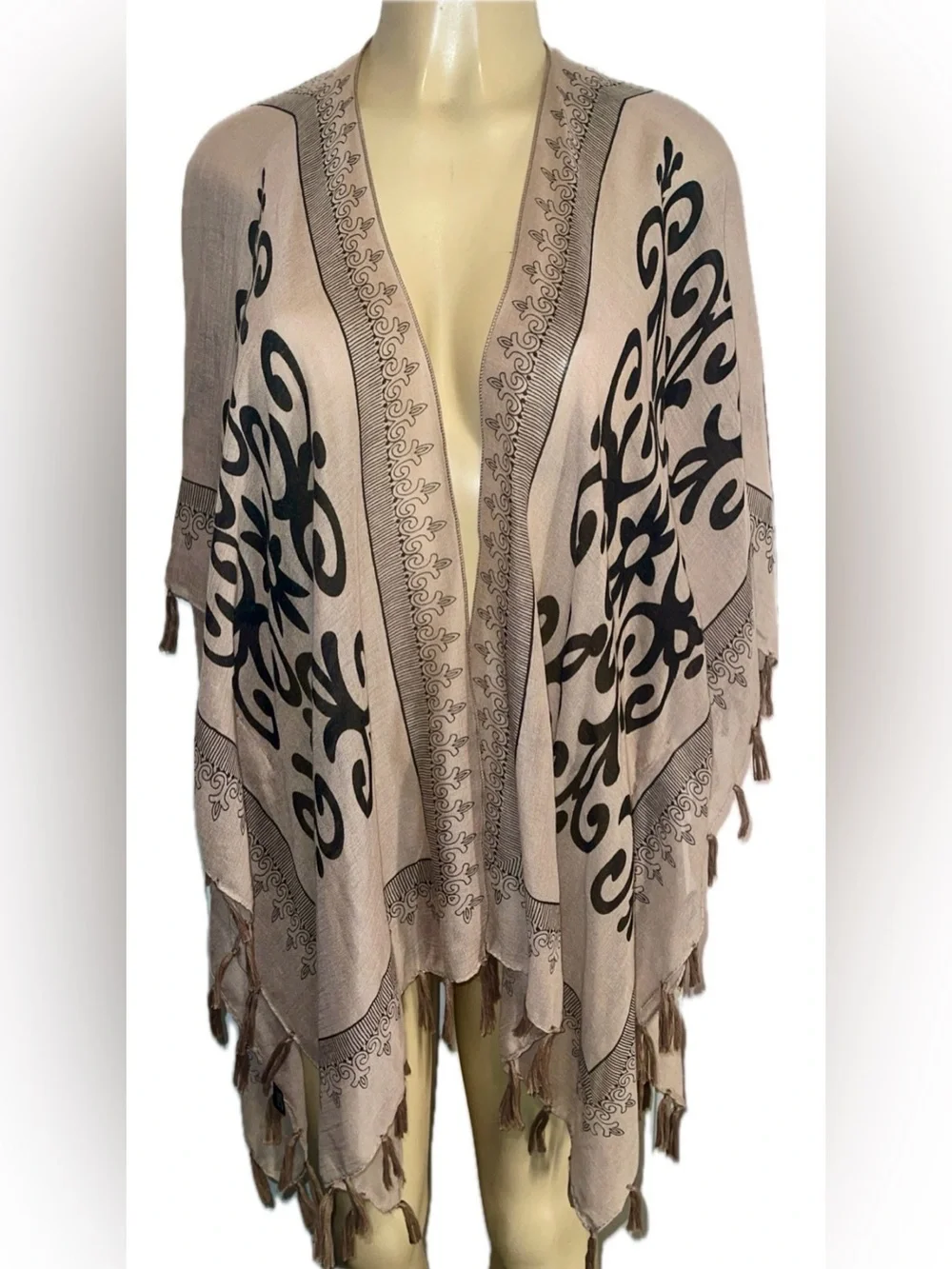 Janice Tan Beige Kimono Style Wrap Black Damask Scroll Floral Print Fringe OSFM